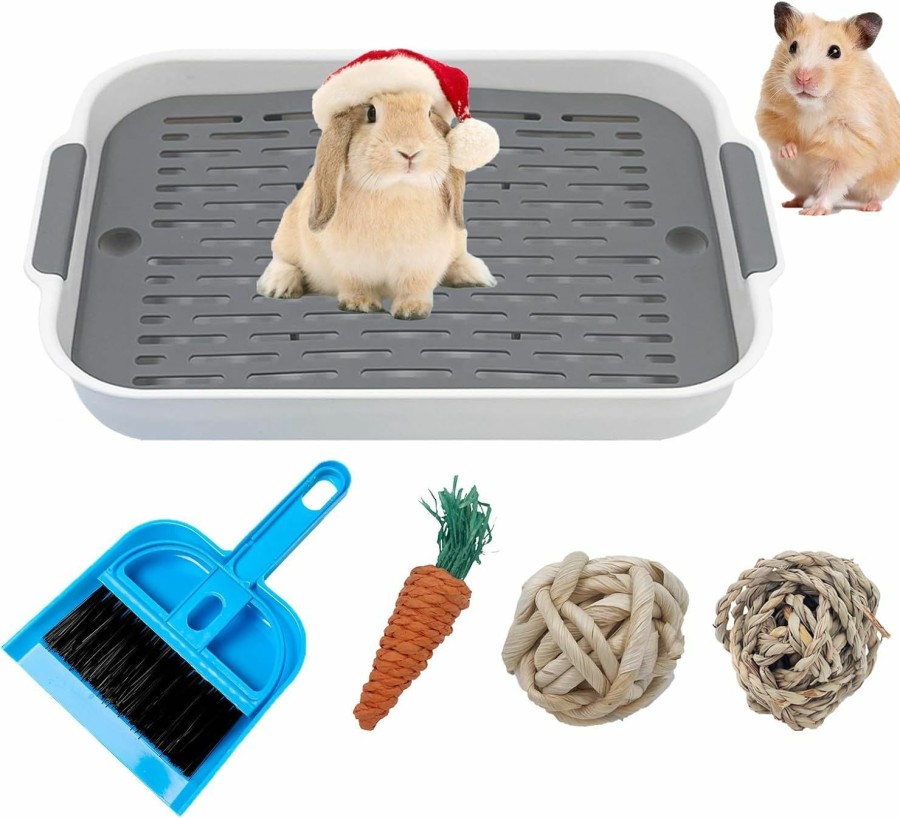 Small Animal Generic | Bunny Toilet Trainer, 10.6X7.3In Rabbit Litter Box, Guinea Pig Ferret Hamster With Tray Litter Box, Small Pet Bedding With Cleaning Broom Rabbit Chew Toy (White)