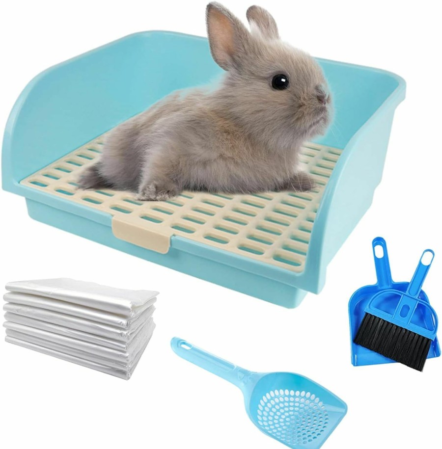 Small Animal kathson | Kathson Large Rabbit Litter Box, Pets Toilet Potty Trainer Tray Corner Small Animals Litter Bedding Box Bigger Pet Pan With Grass Mats For Adult Guinea Pig/Chinchilla/Ferret/Rabbit (Blue)