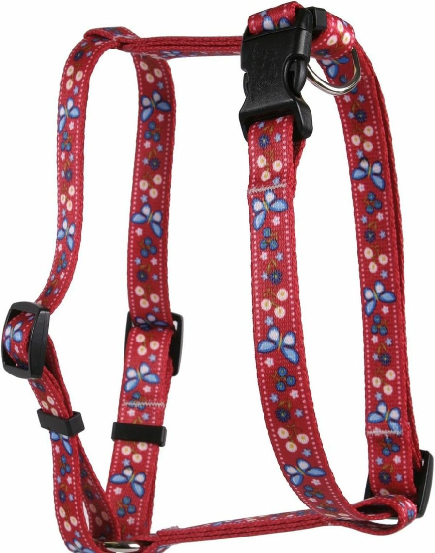 Small Animal Yellow Dog Design | Yellow Dog Design Festive Butterfly Red Roman Style H Dog Harness, X-Large/1\" Wide