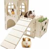 Small Animal Teabelle | Teabelle Guinea Pig Hideout House With Feeder, Wooden Guinea Pig Castle Cage With Ramp, Small Animal Habitat Decor For Dwarf Bunnies Chinchillas Hamsters Squirrels Guinea Pigs