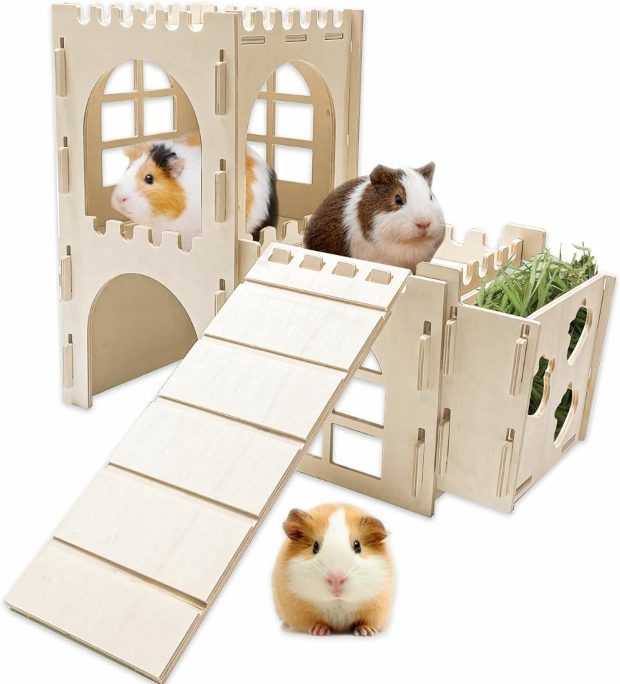 Small Animal Teabelle | Teabelle Guinea Pig Hideout House With Feeder, Wooden Guinea Pig Castle Cage With Ramp, Small Animal Habitat Decor For Dwarf Bunnies Chinchillas Hamsters Squirrels Guinea Pigs