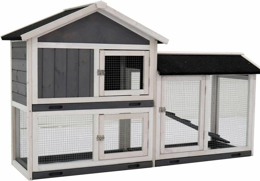 Small Animal SPOFLYINN | Spoflyinn Wooden Rabbit Cage Large Outdoor Bunny House With Deeper No Leakage Pull Out Tray Uv Panel Removable Bottom Wire Mesh 61X21.2X37 Inches Bunny Cages Outdoor Grey As Shown One Size