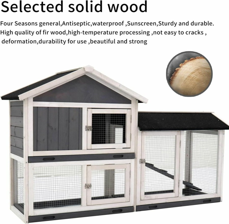 Small Animal SPOFLYINN | Spoflyinn Wooden Rabbit Cage Large Outdoor Bunny House With Deeper No Leakage Pull Out Tray Uv Panel Removable Bottom Wire Mesh 61X21.2X37 Inches Bunny Cages Outdoor Grey As Shown One Size