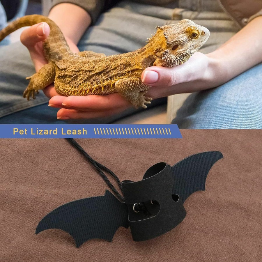 Small Animal Create idea | Create Idea 2 Set Ajustable Leather Bearded Dragon Lizard Leash Harness Cooling Wing Black Gold For Outdoor Safety Walking