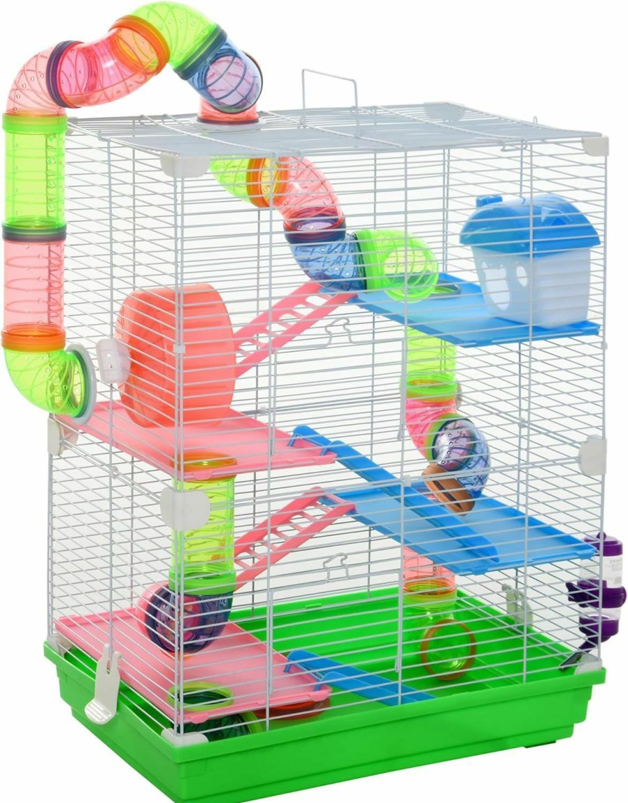 Small Animal Aosom | Pawhut 18\" 5 Tier Hamster Cage With Tubes And Tunnels, Small Animal Cage With Portable Carry Handle, Rat Gerbil Cage With Water Bottle, Food Dish, Exercise Wheel