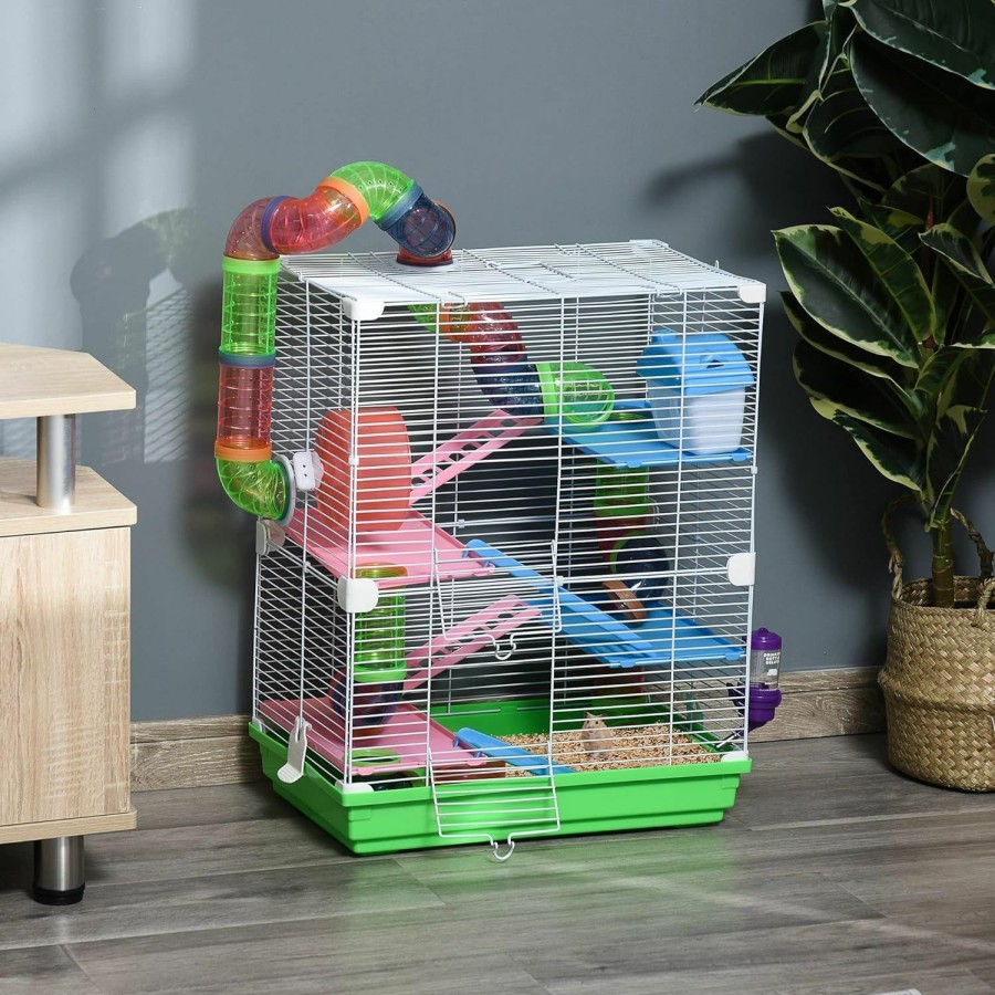 Small Animal Aosom | Pawhut 18\" 5 Tier Hamster Cage With Tubes And Tunnels, Small Animal Cage With Portable Carry Handle, Rat Gerbil Cage With Water Bottle, Food Dish, Exercise Wheel