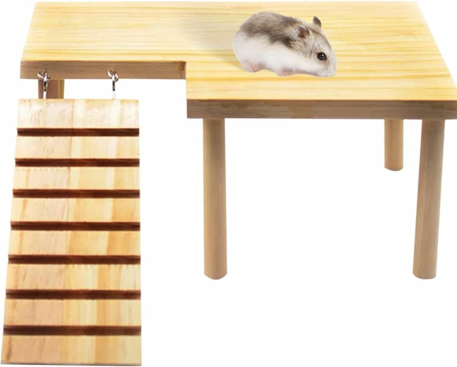 Small Animal kathson | Kathson Hamster Wooden Platform With Ladder Natural Small Animal Standing Platform Guinea Pig Cage Landscaping Platform For Small Animals Syrian Rat Golden Bear Chinchilla