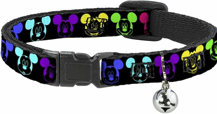 Small Animal Buckle-Down | Buckle-Down Breakaway Cat Collar - Mickey Expressions Black/Multi Neon - 1/2\" Wide - Fits 8-12\" Neck - Medium