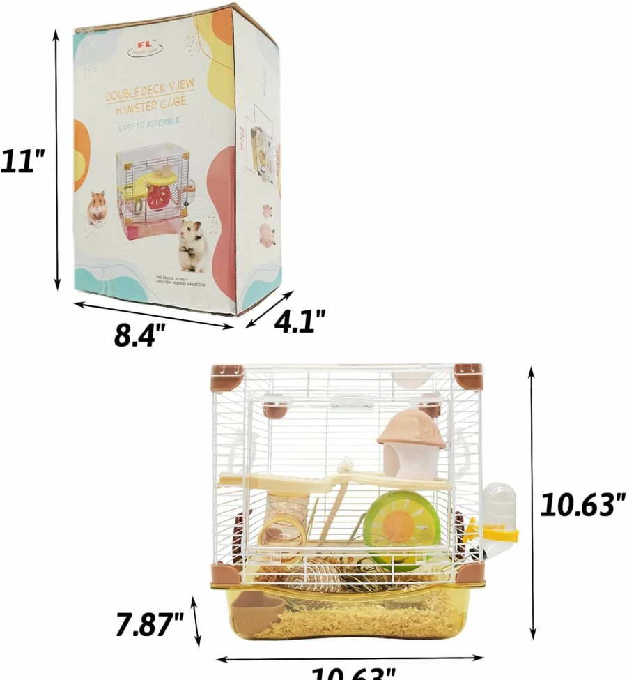 Small Animal Hamiledyi | Hamiledyi Hamster Portable Cage, 10.63(L) X 7.87(W) X 10.63(H) Inch Tiny Hamster Brown Cage, Gerbil 2-Level Habitat, Including Exercise Wheel, Water Bottle, Tunnel Tube, Rope, Hideaway