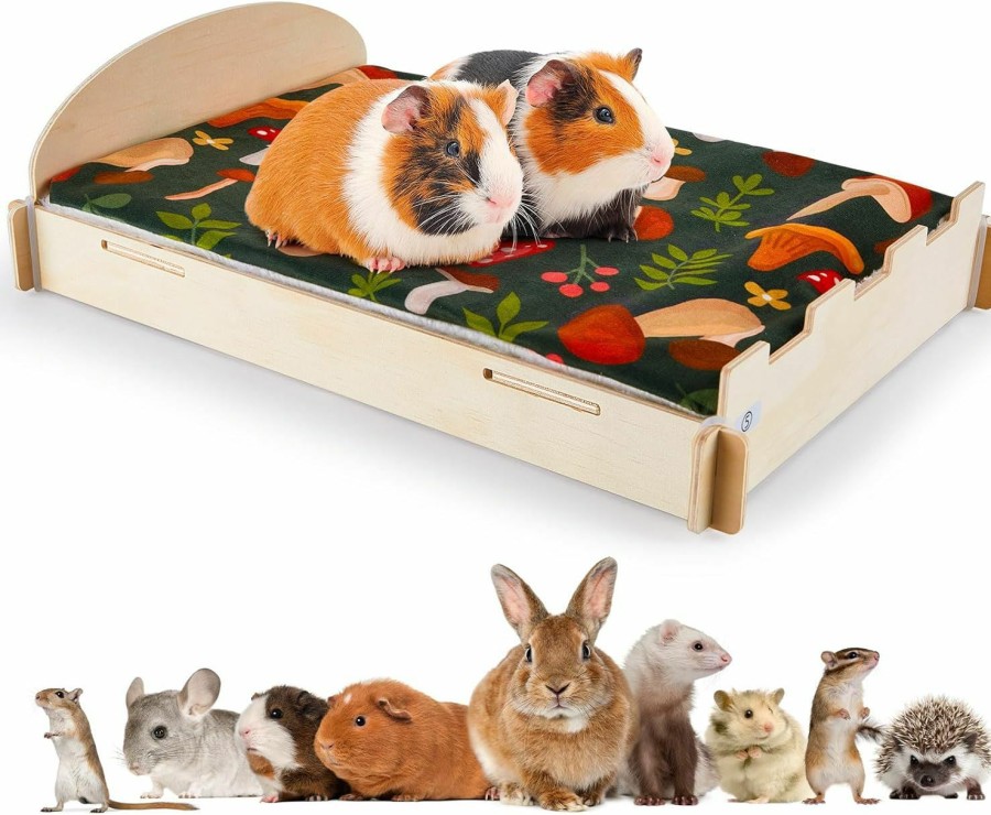 Small Animal Glittme | Glittme Guinea Pig Hideout, Wooden Guinea Pig Bed With Waterproof Mat, Durable Rabbit Bed With Door Curtain For Guinea Pig, Rabbit, Ferret, Squirrel, Bunny