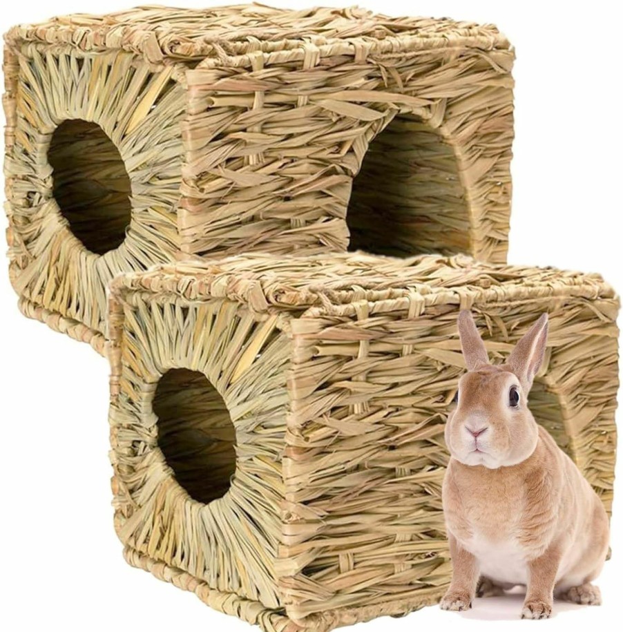 Small Animal Auto-plaza | Auto-Plaza Foldable Grass Woven Animal Hut Bunny House Play Hideaway Bed Mat Chew Toy For Rabbit Guinea Pigs Gerbils Hamster (12\"X8\"X8\")