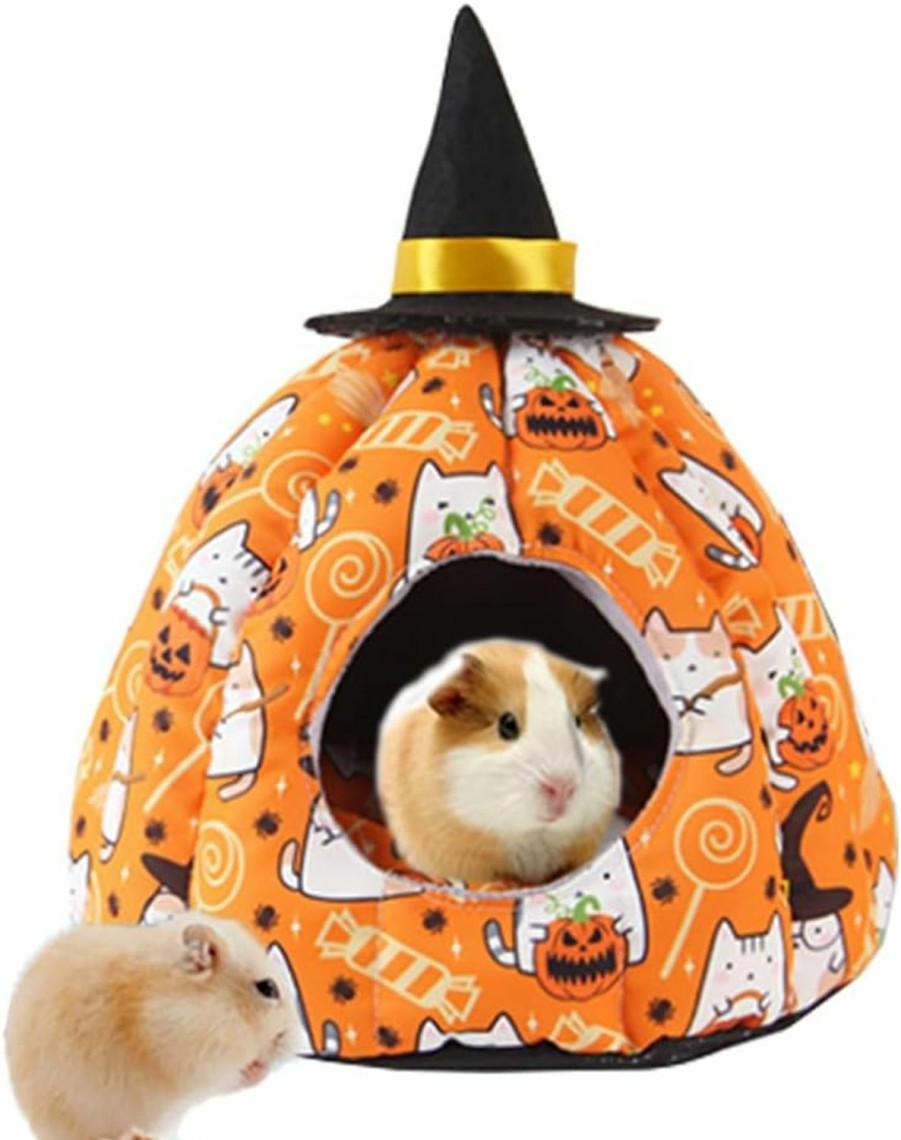 Small Animal MERCRI | Mercri Halloween Guinea Pig Hideout With Wizard Hat Decor Orange Pumpkin Hamster Bed Cave Warm Small Animals House And Habitats For Rats Chinchilla Hedgehog Gerbil (A, Large)