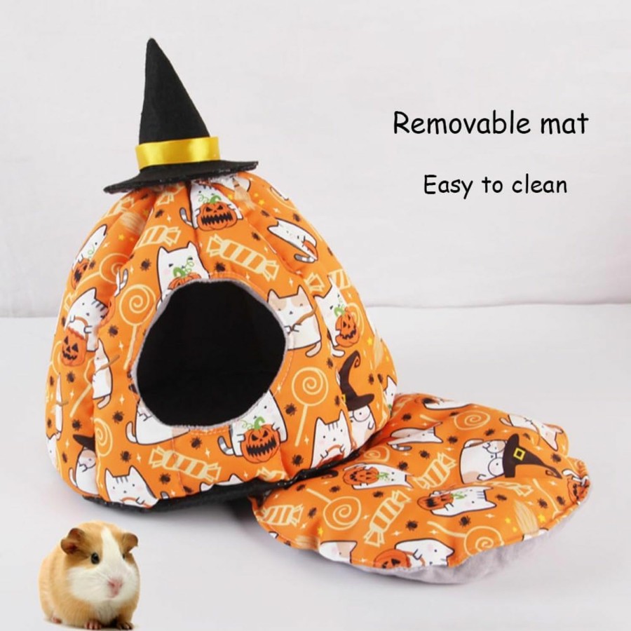 Small Animal MERCRI | Mercri Halloween Guinea Pig Hideout With Wizard Hat Decor Orange Pumpkin Hamster Bed Cave Warm Small Animals House And Habitats For Rats Chinchilla Hedgehog Gerbil (A, Large)