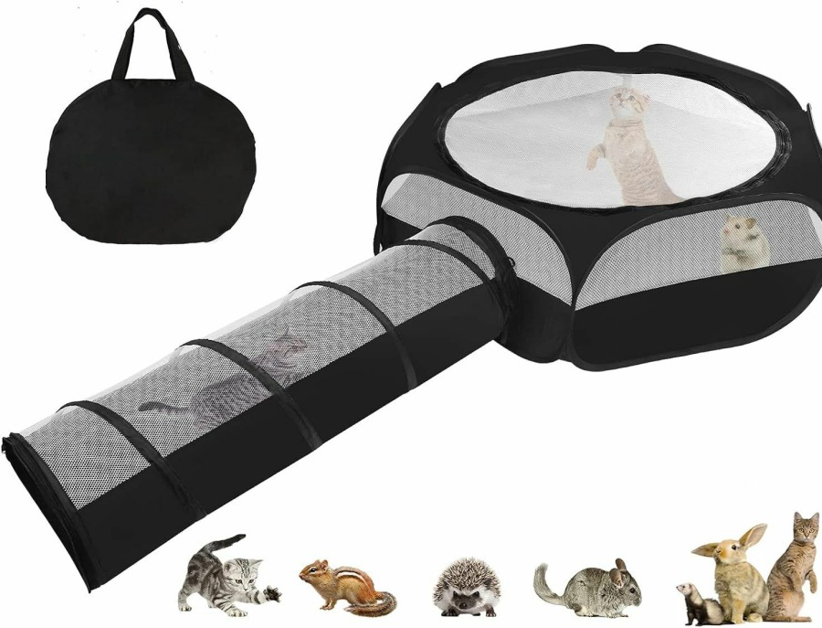 Small Animal Zhilishu | Zhilishu Small Animal Playpen, Portable Guinea Pig Playpen Pet Playpen Kitten Playpen With Double Zippered Cover Indoor Outdoor For Bunny, Rabbit, Hamster Connect Tunnel(Black)