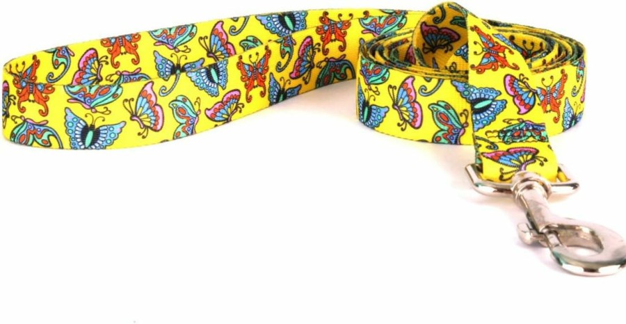 Small Animal Yellow Dog Design | Yellow Dog Design Butterflies On Yellow Ez-Grip Dog Leash With Comfort Handle 1\" Wide And 5' (60\") Long, Large