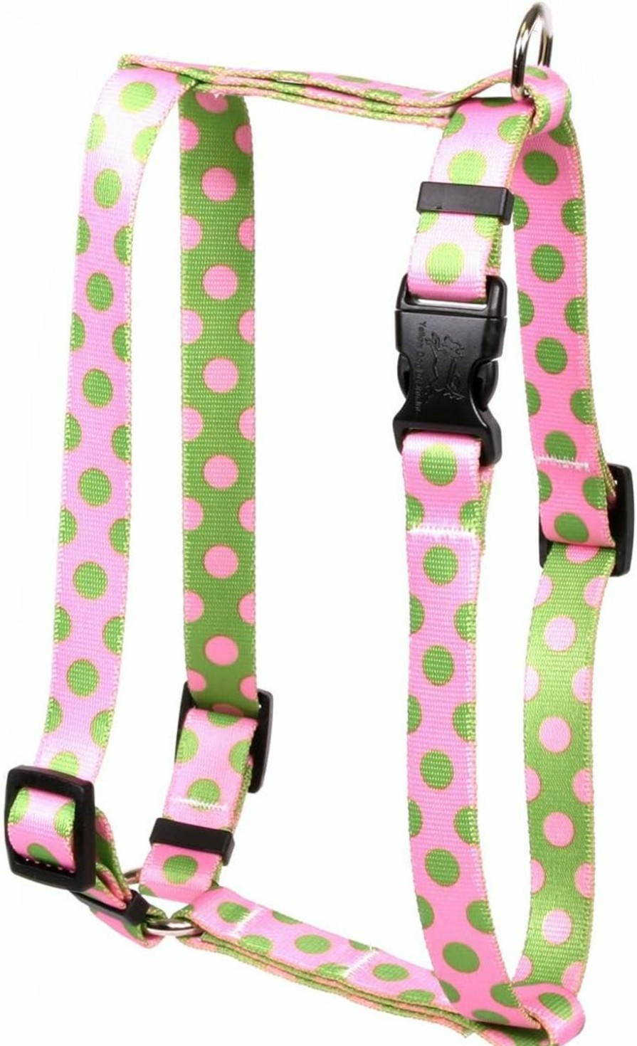 Small Animal Yellow Dog Design | Yellow Dog Design Pink Green Polka Dot Roman Style H Dog Harness, X-Large-1\" Wide Fits Chest Of 28 To 36\"