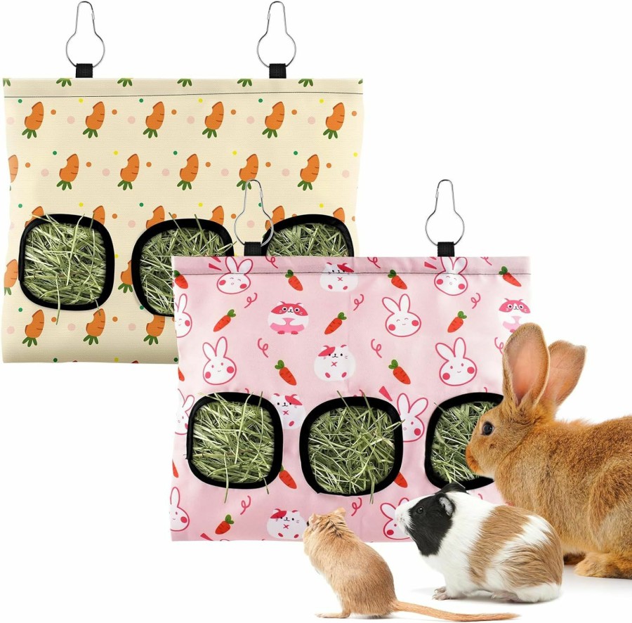 Small Animal Bissap | Bissap 2Pcs Rabbit Hay Feeder Bag, 2 Holes Hanging Hay Feeder Guinea Pig Hay Bag For Rabbits Bunny Chinchillas Hamsters Rats And Other Small Pets Small Animal - S (Pink & Beige)