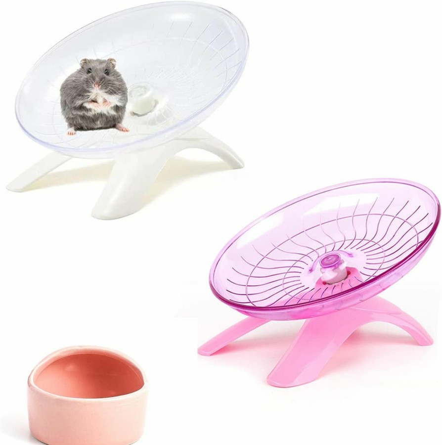 Small Animal Lucky Interests | Lucky Interests 2 Pcs Hamster Flying Saucer, Silent Running Exercise Wheel, Jogging Spinner Wheel Cage Toy With Food Bowl For Dwarf Hamster Syrian Hamster Hermit Crab & Small Animal(White+Dark Pink)