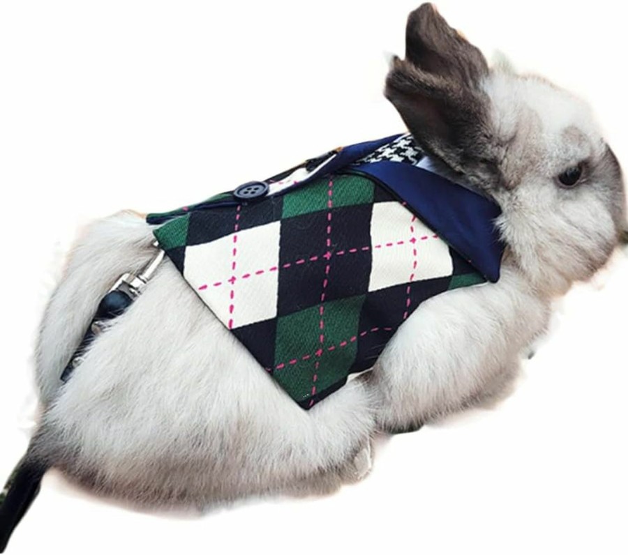 Small Animal Anelekor | Anelekor Rabbit Vest Harness And Leash Set Formal Rabbit Clothes For Bunny Plaid Small Animals Harness Student Uniform Costume For Rabbits Kitten Guinea Pig Extra Small Dogs (Small, Green)