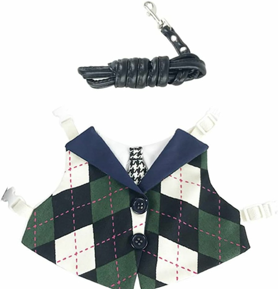 Small Animal Anelekor | Anelekor Rabbit Vest Harness And Leash Set Formal Rabbit Clothes For Bunny Plaid Small Animals Harness Student Uniform Costume For Rabbits Kitten Guinea Pig Extra Small Dogs (Small, Green)