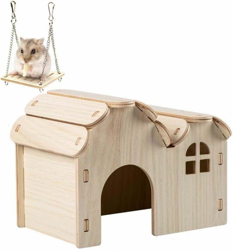 Small Animal CHUQIANTONG | Wooden Hamster House For Small Pet, Hanging Wooden Swing,Chew Toy, Small Animal Hideout Arched Platform Nesting Habitat For Gerbils Guinea Pigs Hedgehog