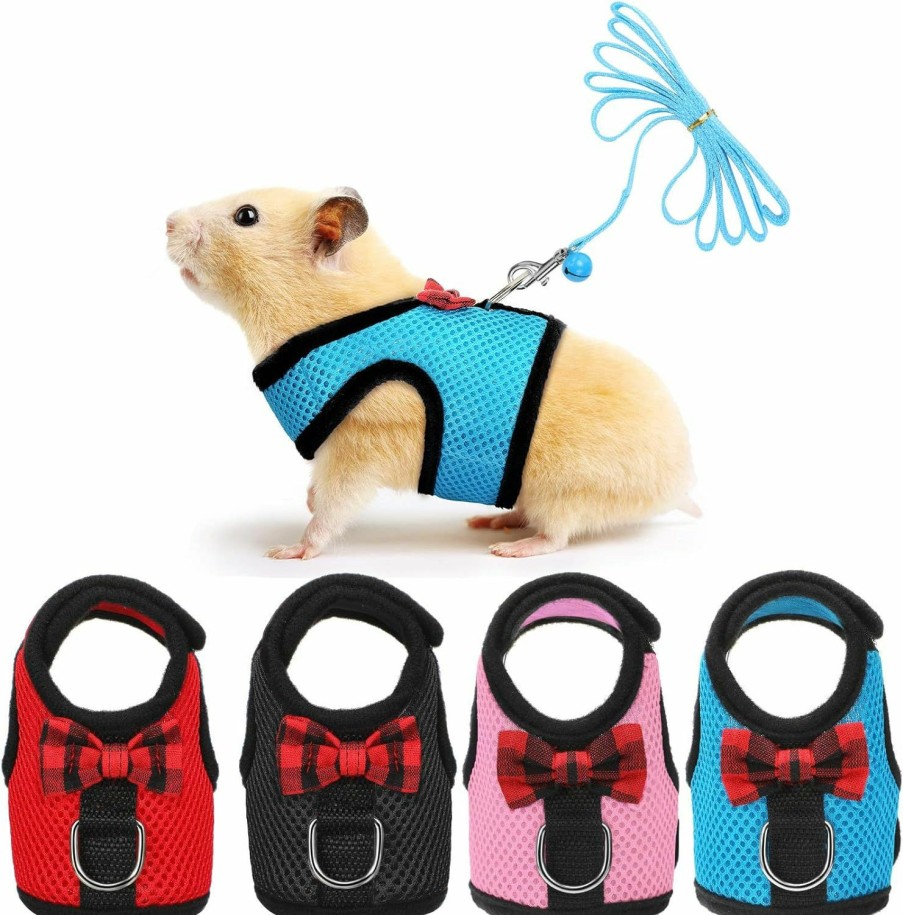 Small Animal SATINIOR | 4 Pieces Guinea Pig Harness And Leash Soft Mesh Small Pet Harness With Bowknot Bell, No Pulling Comfort Padded Vest For Guinea Pigs, Ferret, Chinchilla, Bunny, Rats, Iguana, Hamster