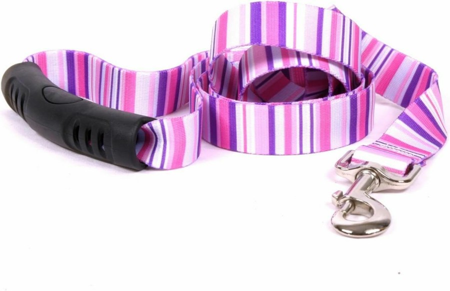 Small Animal Yellow Dog Design | Yellow Dog Design Pink Stripes Ez-Grip Dog Leash With Comfort Handle, Small/Medium-3/4 Wide 5' (60\") Long