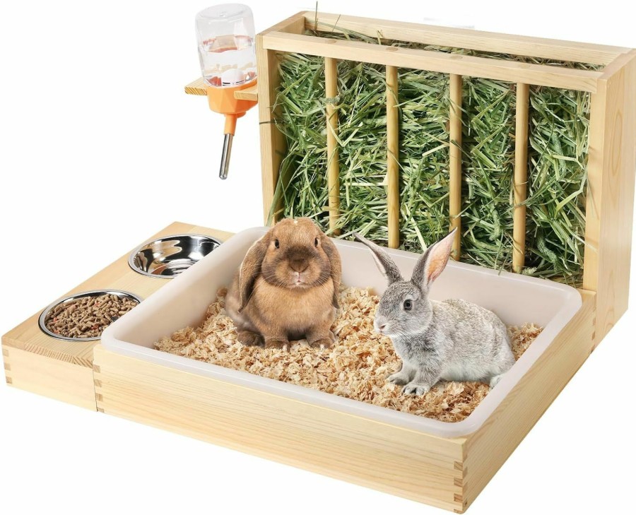 Small Animal MEWTOGO | Upgraded Rabbit Hay Feeder With Litter Box, 4 In 1 Wooden Bunny Feeding Manger, Guinea Pig Hay Holder Rack Toilet With Water Feeder 2 Bowls For Rabbit Hamster Small Animals