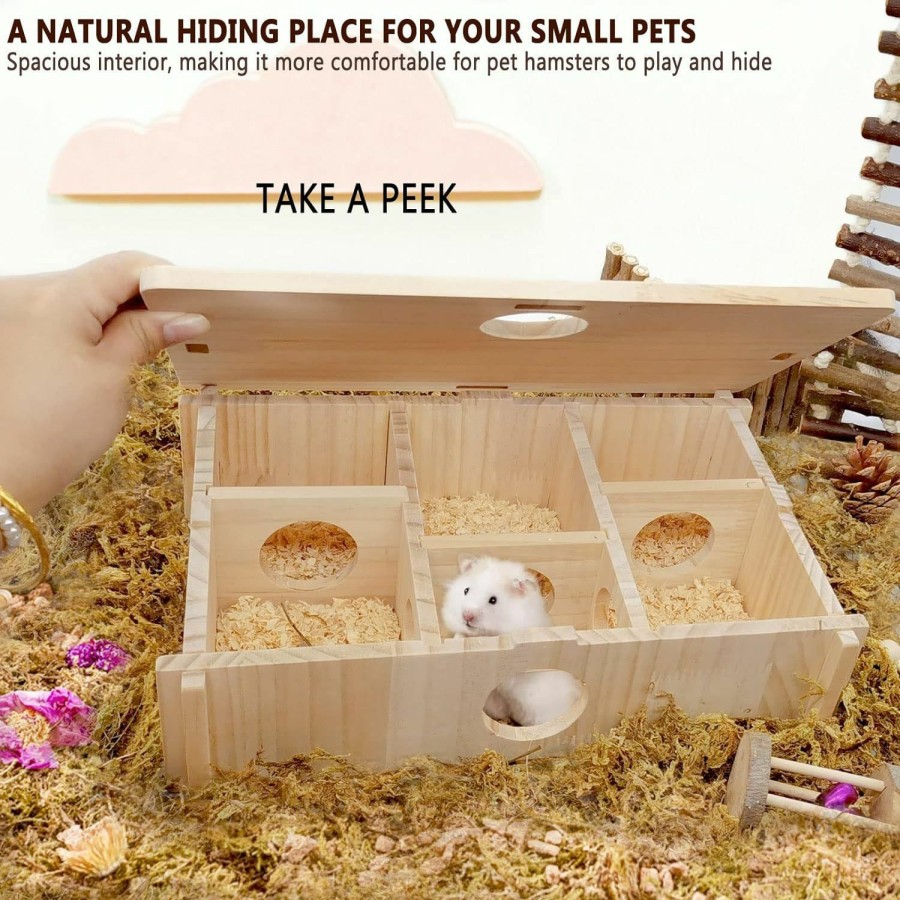 Small Animal kathson | Kathson Wooden Hamster House Hideout Multi-Chamber Hamster House Maze 6-Room Dwarf Hamsters Hideouts Hut Tunnel Exploring Toys Small Animal Woodland House Habitats Decor For Mice Gerbils