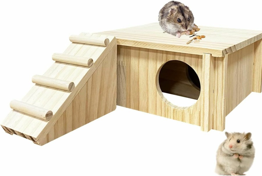 Small Animal Hamiledyi | Hamster Wooden House With Ladder Small Animal Hideout Activity Platform Exercise Climbing Hut Natural Living Wooden Room For Hamster Gerbil Guinea Pig Mice