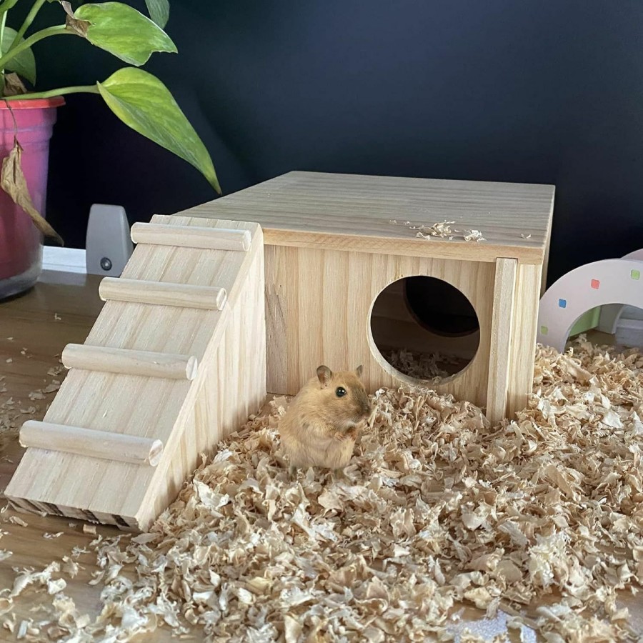 Small Animal Hamiledyi | Hamster Wooden House With Ladder Small Animal Hideout Activity Platform Exercise Climbing Hut Natural Living Wooden Room For Hamster Gerbil Guinea Pig Mice