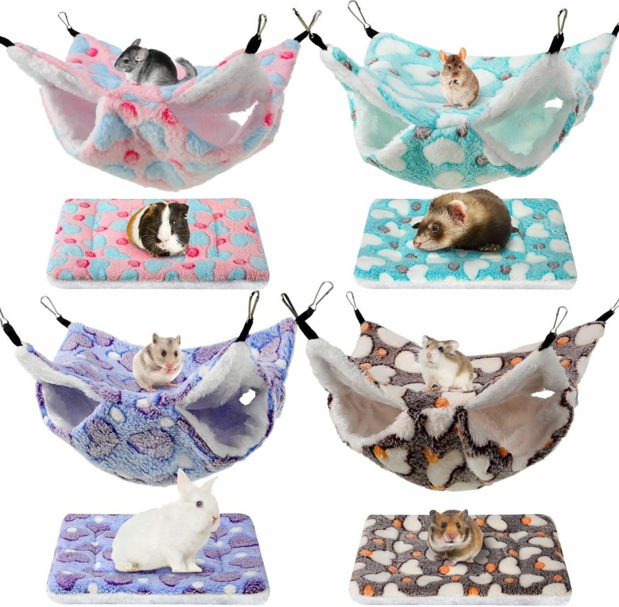 Small Animal Silkfly | Silkfly 8 Pcs Bulk Small Pet Cage Hammock Bed Mats Set Sugar Glider Crate Kennel Pad Ferret Hanging Hammock Hideout Guinea Pig Accessories For Hamster Squirrel Ferret Chinchilla Rat Parrot (Heart)