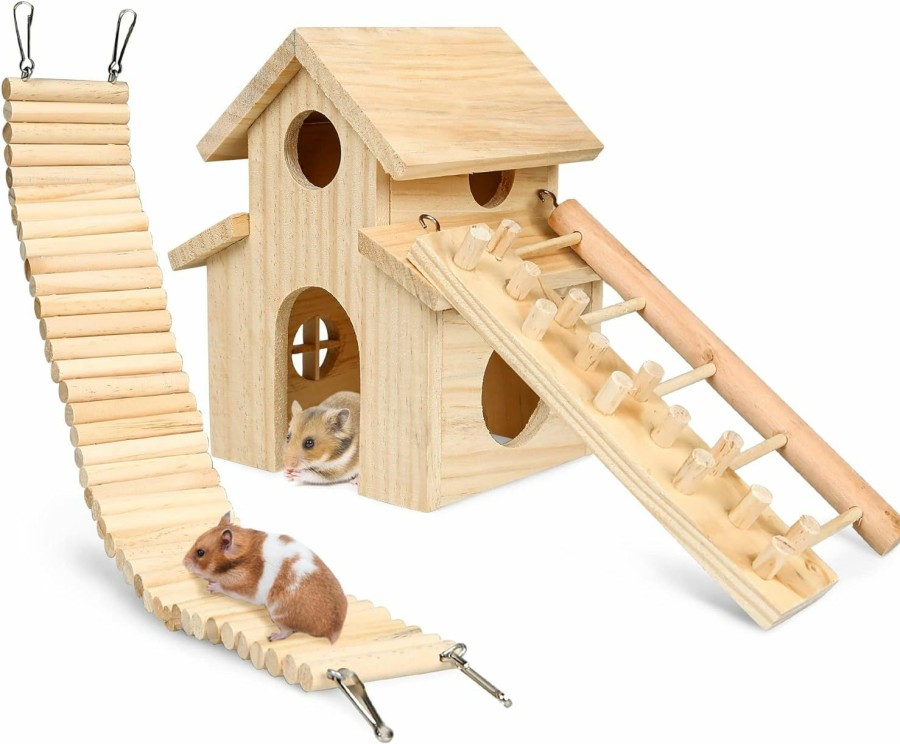 Small Animal HWONMTE | Hamster Toys House 3 Pack Guinea Pig Toys Hamsters Climbing Ladder Brige Natural Wooden Funny Play Toy Chews For Small Animals Rat Mouse Hideouts