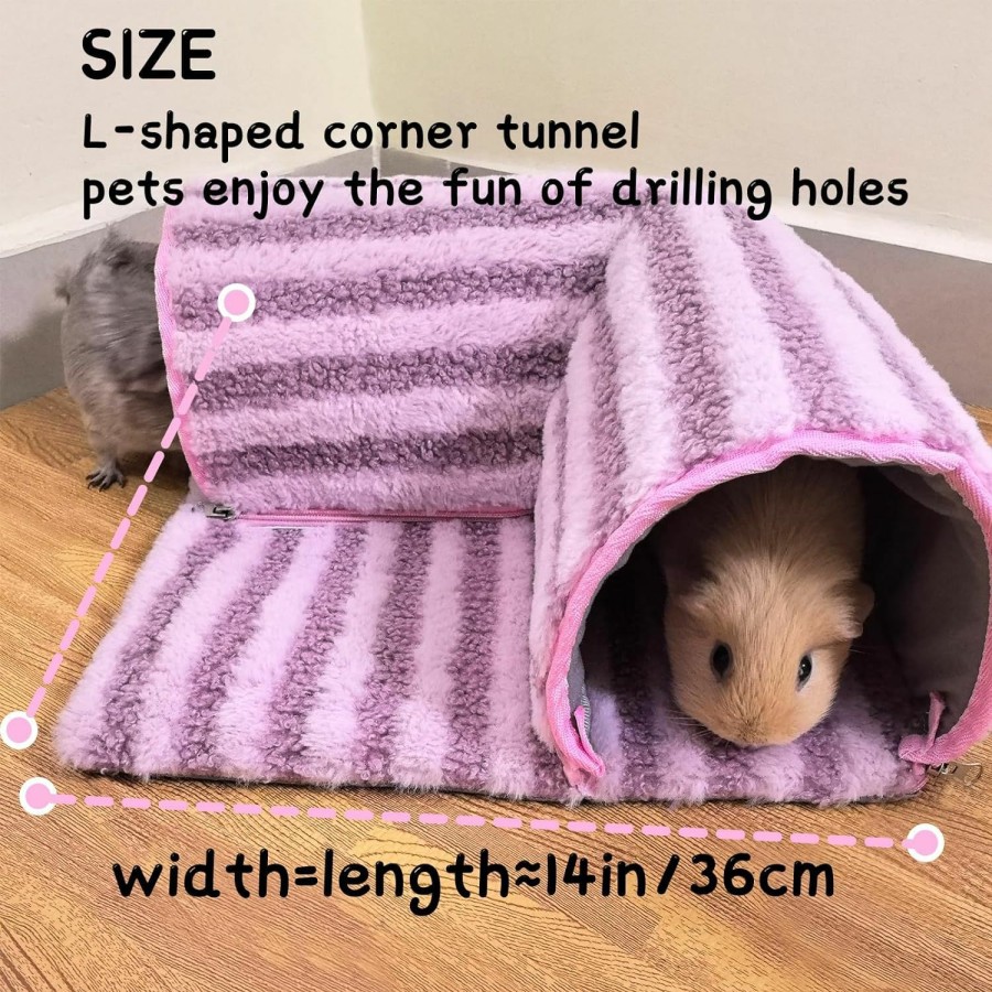 Small Animal FEGPIG | Guinea Pig Fleece Tunnel And Hideout Mat Washable With Zipper Easy To Clean, Guinea Pig Ferret Cozy Tunnel Bed Kit For Cage Accessories Playen Large (Purple-Pink)