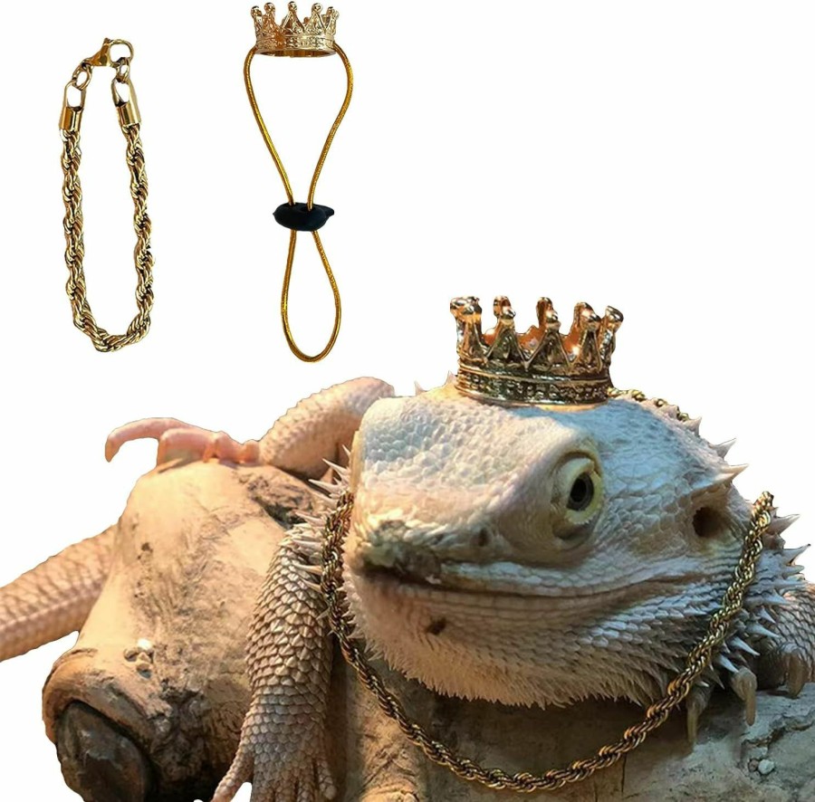 Small Animal SEIS | Seis 2 Pcs Bearded Dragon Crown And Necklace Metal Lizard Outfit Halloween Small Animal Clothes Harness For Chameleon Gecko Anole Iguana Amphibians (Black)