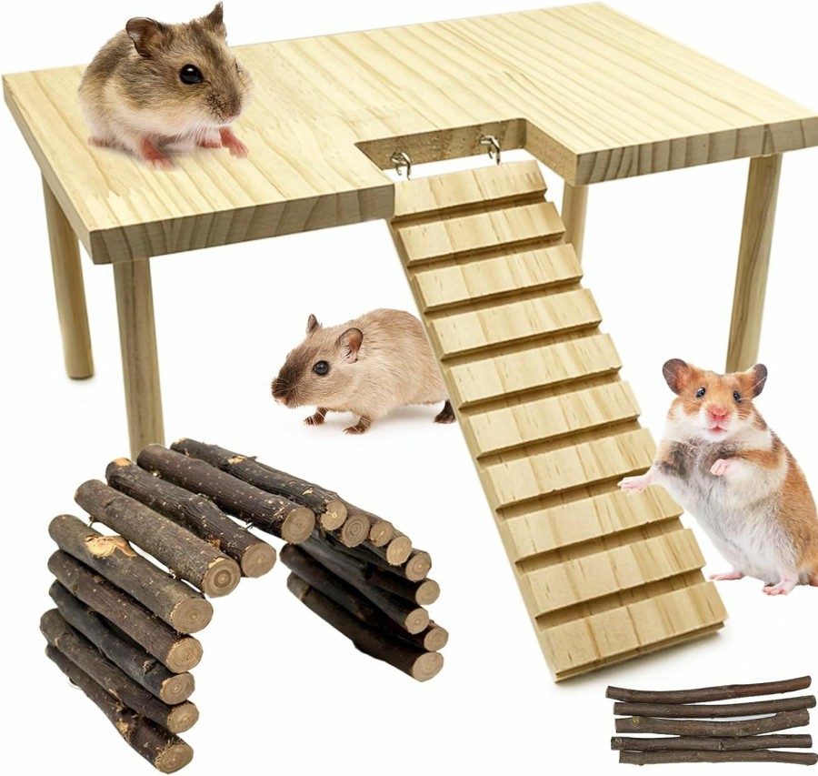 Small Animal Niwaes | Niwaes Large Hamster Platform With Ladder Wooden Syrian Hamsters Standing Platforms With Legs Set Wood Gerbils Climbing Bridge Toy Cage Accessories