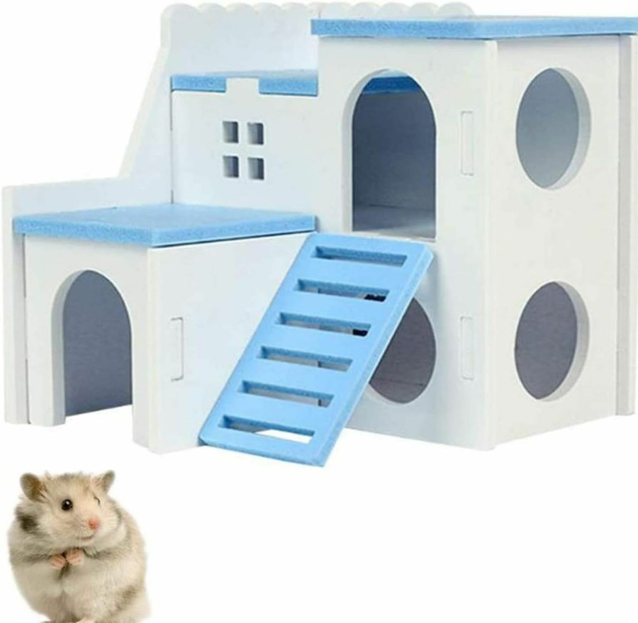 Small Animal kathson | Kathson Hamster House Pets Small Animal Hideout With Funny Climbing Ladder Slide Wooden Hut Play Toys Chews For Small Animals Like Dwarf Hamster And Mouse(Blue)