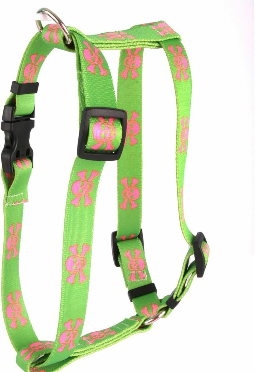 Small Animal Yellow Dog Design | Yellow Dog Design Green And Pink Skulls Roman Style H Dog Harness, X-Large/1\" Wide