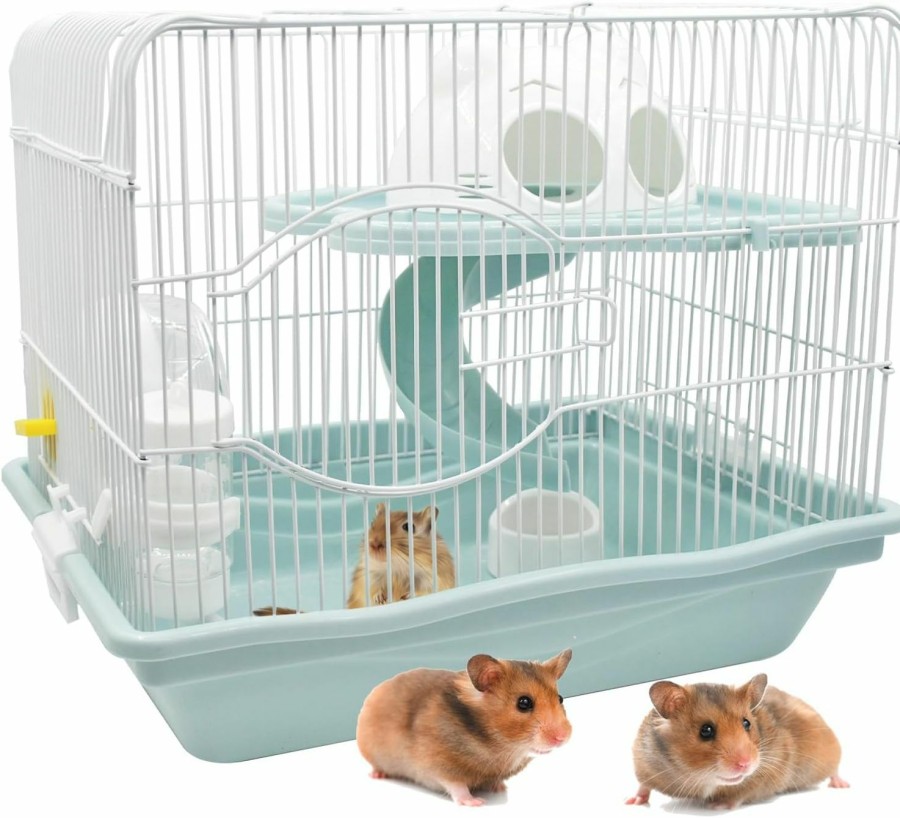 Small Animal MUYG | Muyg 2-Tier Portable Hamster Cage And Habitats,Travel Metal Mouse Cages With Free Water Bottle,Houses And Exercise Wheel For Any Breed Of Hamster And Small Animal (14.6X11.0X11.8Inch Light Blue)