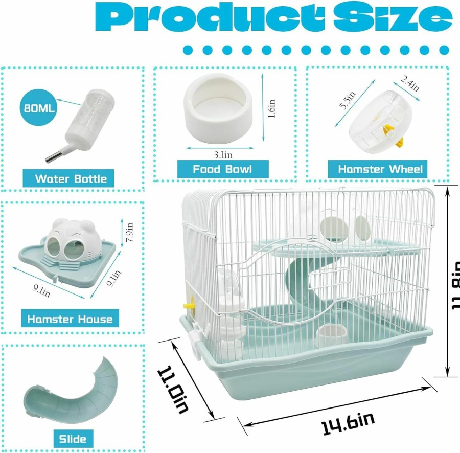 Small Animal MUYG | Muyg 2-Tier Portable Hamster Cage And Habitats,Travel Metal Mouse Cages With Free Water Bottle,Houses And Exercise Wheel For Any Breed Of Hamster And Small Animal (14.6X11.0X11.8Inch Light Blue)