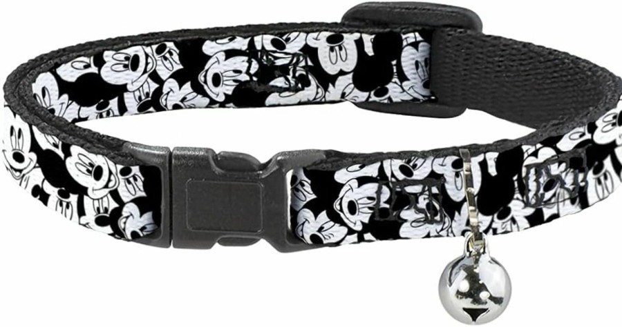 Small Animal Buckle-Down | Buckle-Down Cat Collar Breakaway Mickey Mouse Expressions Stacked White Black 9 To 15 Inches 0.5 Inch Wide