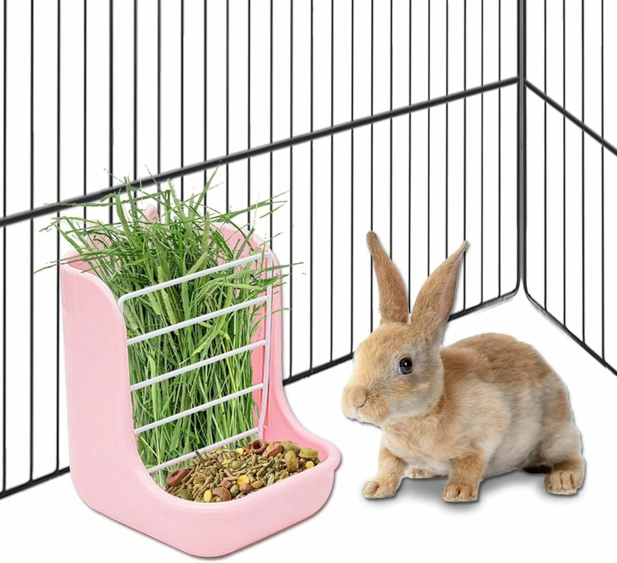 Small Animal Hamiledyi | Hamiledyi Rabbit Hay Feeders Rack 2 In 1 Feeder Bowls Double Bunny Feed Holder Grass Food For Small Animal Supplies Chinchillas Guinea Pig Hamsters (Pink And Blue) 2 Pcs