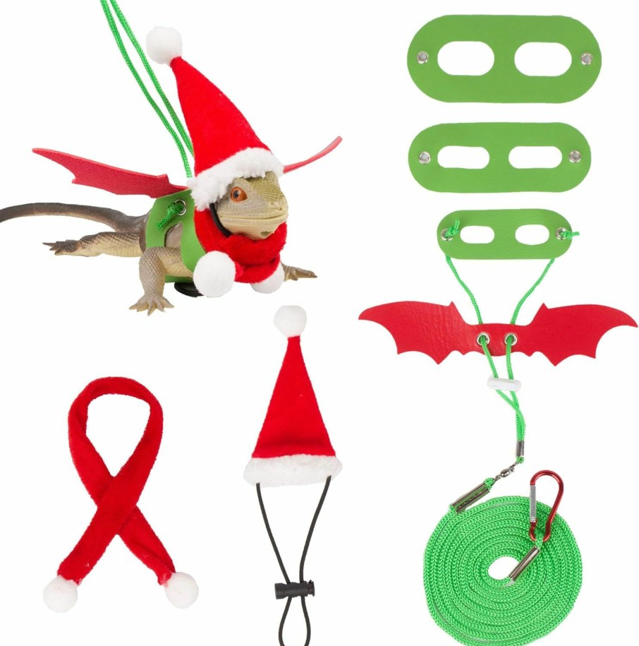 Small Animal ADOGGYGO | Adoggygo Christmas Bearded Dragon Santa Hat Scarf Lizard Leash Harness Set - Lizard Christmas Costume Christmas Scarf And Hat + 3 Pack Bearded Dragon Harness Leash For Reptile Christmas (Christmas)