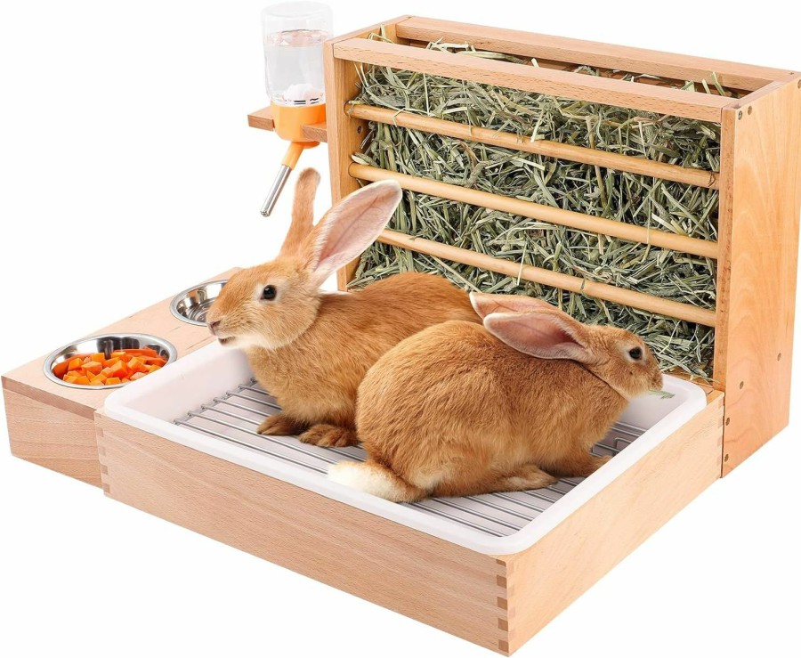 Small Animal MEWTOGO | 4 In 1 Rabbit Hay Feeder With Litter Box Bowls & Water Feeder, Safe Wooden Bunny Feeder Manger, Hay Holder Rack Toilet For Guinea Pig Hamster Small Animals