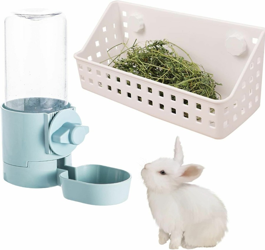 Small Animal Hamiledyi | Hamiledyi Rabbit Hay Feeder & Water Fountain Set, Guinea Pigs Hay Food Feeder Bowls Manger Rack 17Oz Hanging Gravity Automatic Drinking Feeder For Ferrets Chinchillas (Blue)