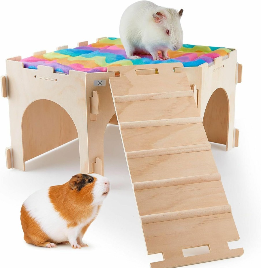 Small Animal Bienbee | Bienbee Guinea Pig Hideout, Large Wodden Rabbit Hideout, Corner Guinea Pig House Guinea Loft, Small Animal Castle With Soft Mat And Stair For Chinchilla, Hamsters, Bunny, Hedgehog