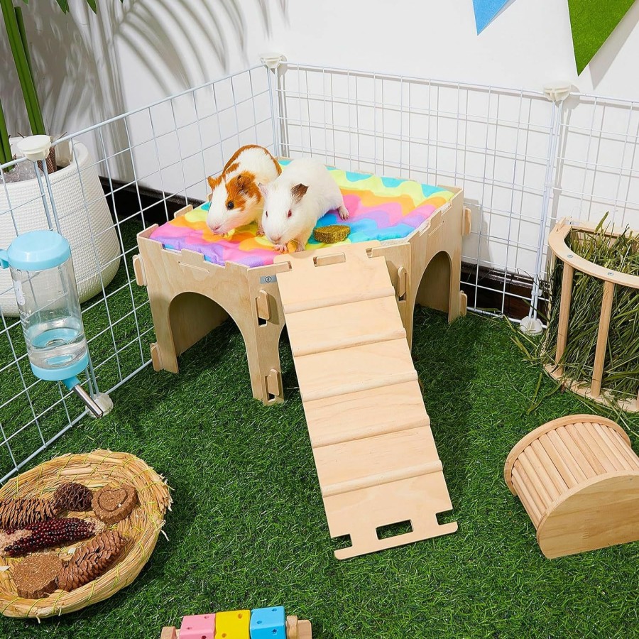 Small Animal Bienbee | Bienbee Guinea Pig Hideout, Large Wodden Rabbit Hideout, Corner Guinea Pig House Guinea Loft, Small Animal Castle With Soft Mat And Stair For Chinchilla, Hamsters, Bunny, Hedgehog