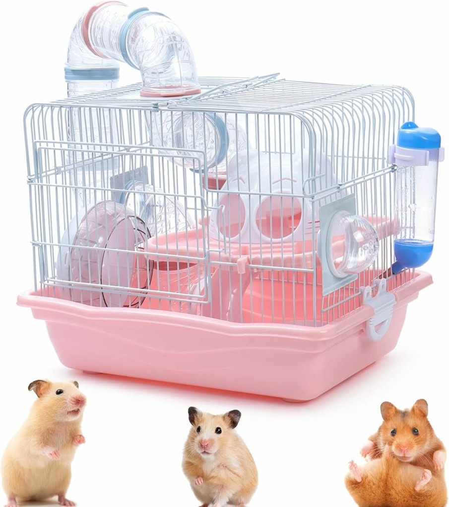 Small Animal PStarDMoon | Pstardmoon Hamster Cage With Fun Tunnels, Critter Carrier With Running Exercise Wheels, Water Bottle, For Hamster Rat And Other Small Animals Travel Outdoor & Indoor Use