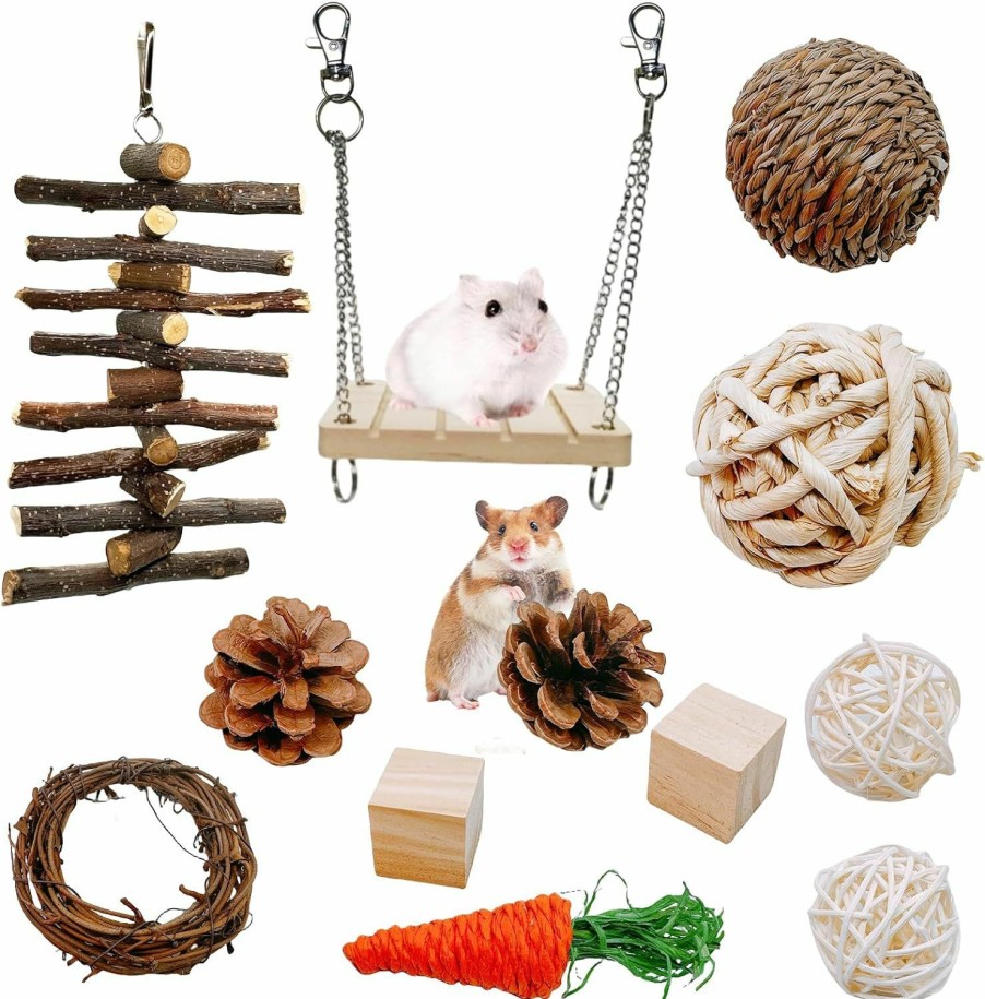 Small Animal kathson | Kathson 12 Pcs Hamster Chew Toys Guinea Pig Natural Wood Activity Toys Small Animal Molar Chewing Toys For Teeth Care Handmade Bunny Treats Branch String For Chinchillas Gerbils Swing Ball