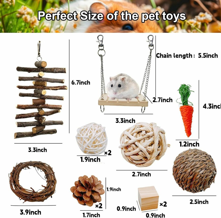 Small Animal kathson | Kathson 12 Pcs Hamster Chew Toys Guinea Pig Natural Wood Activity Toys Small Animal Molar Chewing Toys For Teeth Care Handmade Bunny Treats Branch String For Chinchillas Gerbils Swing Ball